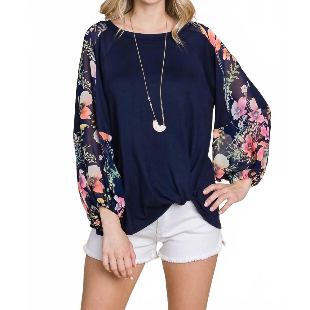 NEW EMERALD COLLECTION floral chiffon sleeves contrast top - plus in navy floral